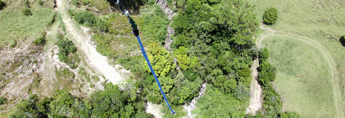 Me, hanging at the bottom of Central America's largest bungee jump on April 17, 2013. The bungee jump at Extremos drops guests 470 feet into the valley below.