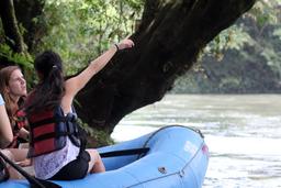 Sitting six to a raft, two friends look for a sloth sleeping in a nearby tree on March 22, 2013.